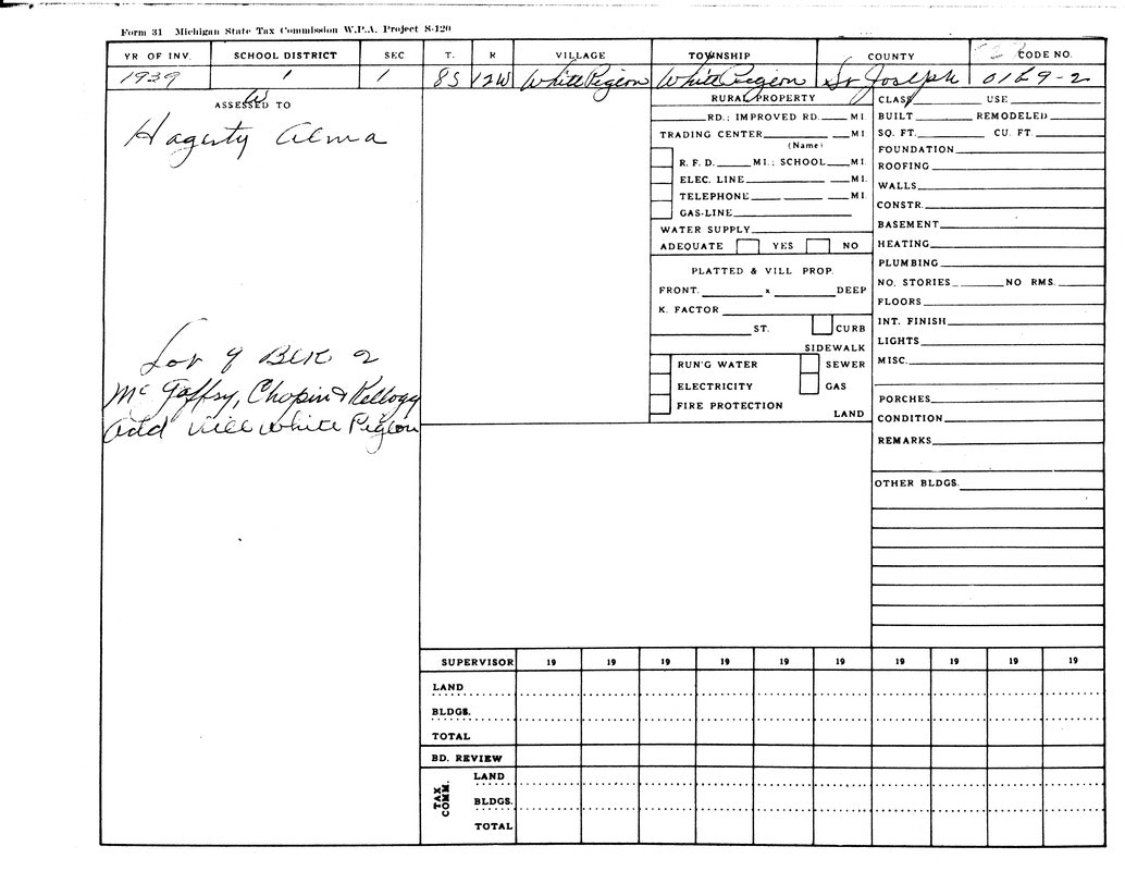 Tax form from 1929 for Alma Hagerty, St. Joseph County, Michigan. Details on property, location, and utilities.