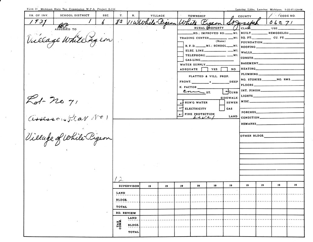 Michigan State Tax Commission form from 1937 for Village of White Pigeon, detailing property and infrastructure information.