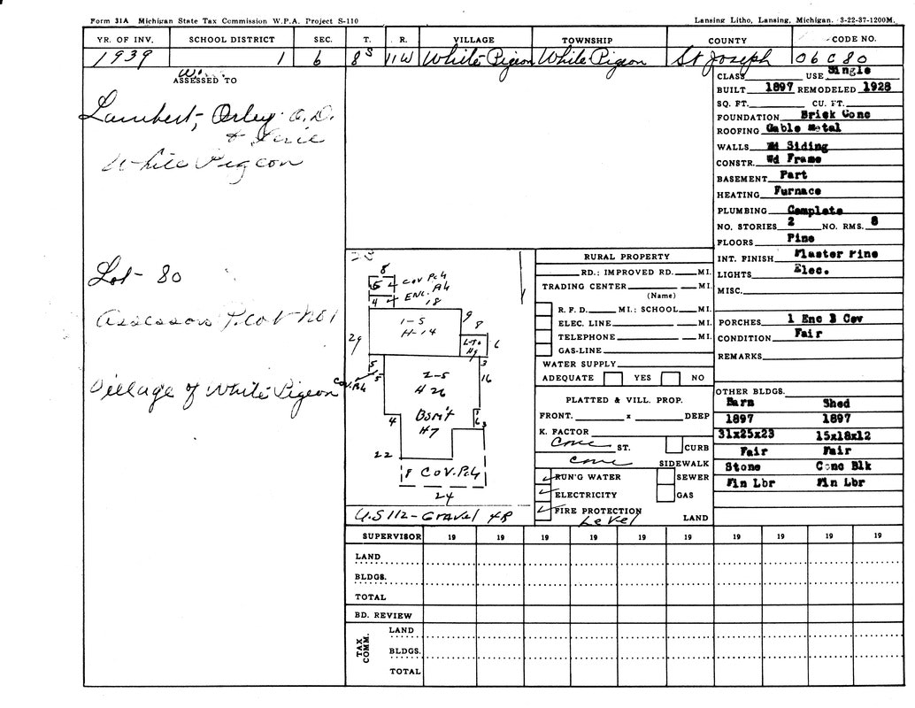 Property record with details on location, ownership, structure, and features. Includes a sketch and notes on materials and condition.
