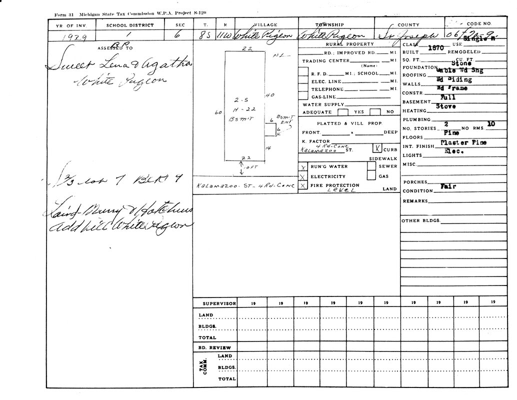 Property assessment record from 1929, White Pigeon, MI, includes building specs, land details, and owner info.
