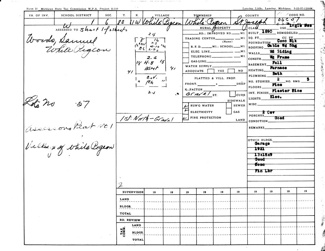A property tax form from Michigan, 1936, detailing land and building characteristics, including owner Samuel Woods in White Pigeon.