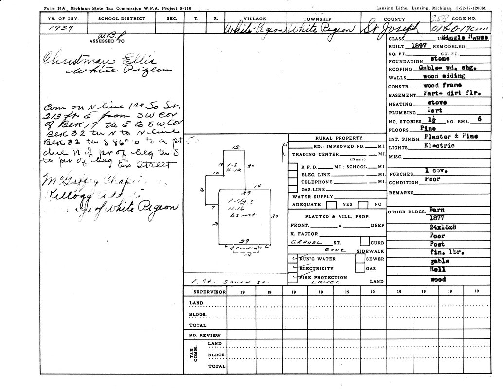 A 1939 Michigan property tax form detailing a residence in White Pigeon, St. Joseph County, with notes, sketches, and property details.