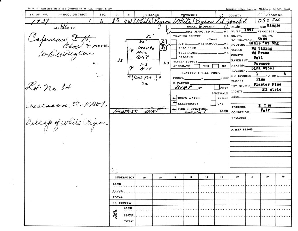 Tax form for property in White Pigeon, St. Joseph, 1939. Assessed to Capman, G.H. Built 1897. Floors: pine, plaster. Condition: fair.