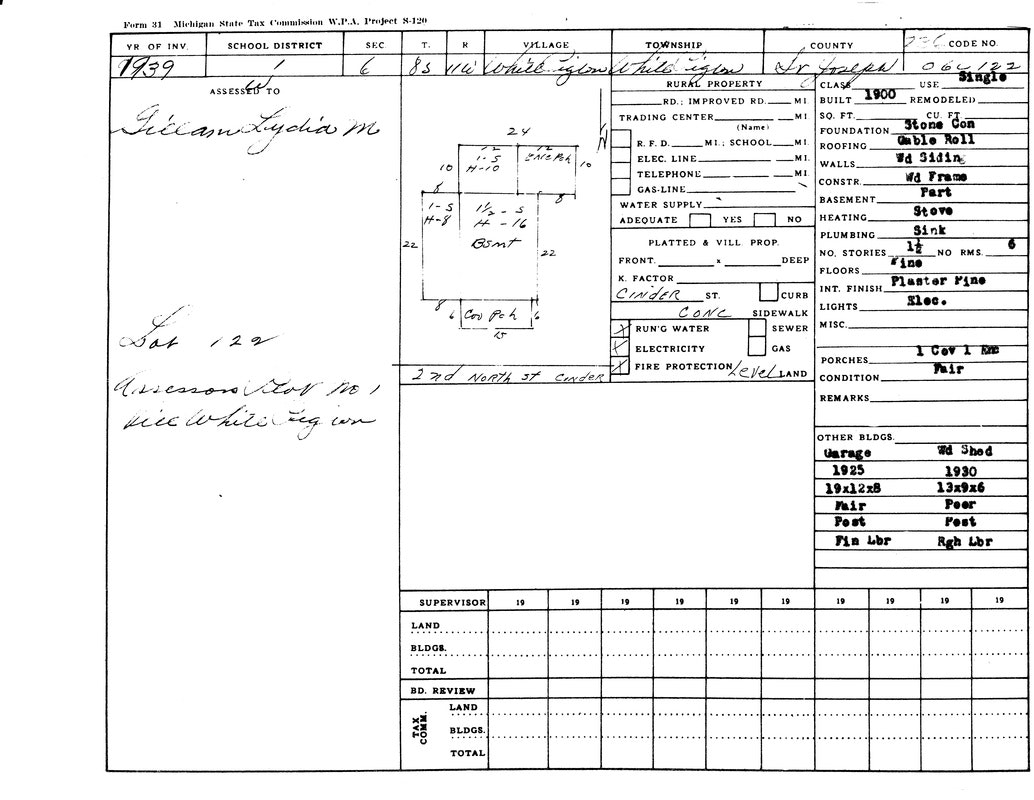 1939 Michigan property tax record with building details, owner Lydia Gillam, and property sketch.