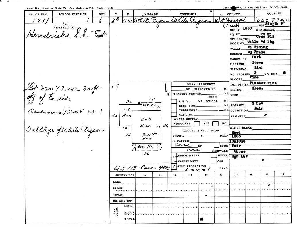Vintage property record form with hand-drawn layout, details on construction, and specifications for a property in White Pigeon, Michigan.