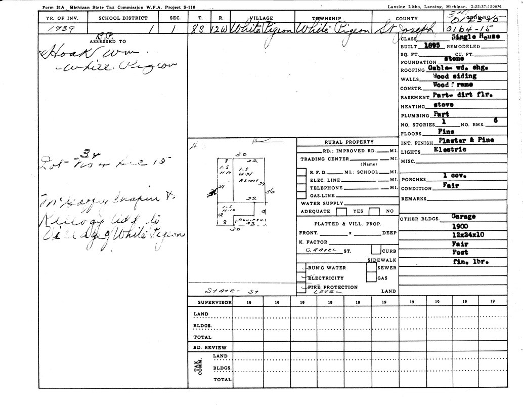 Property tax form from 1939, White Pigeon, Michigan, details house and garage, Assessed to Hoak, includes structure and utility info.