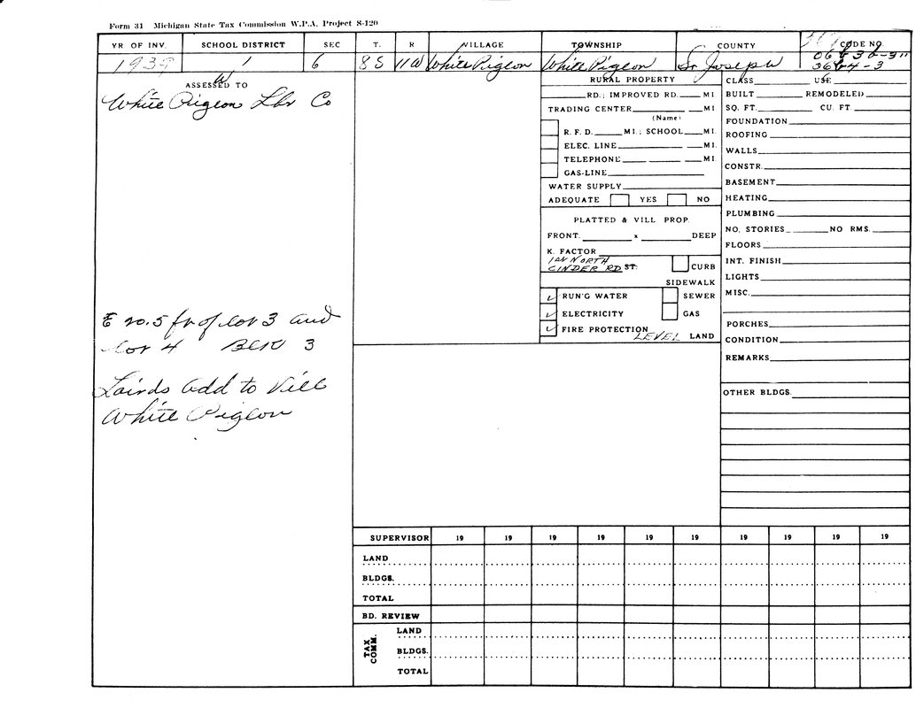 A 1939 Michigan State Tax assessment form for White Pigeon, listing property details and infrastructure checkboxes.