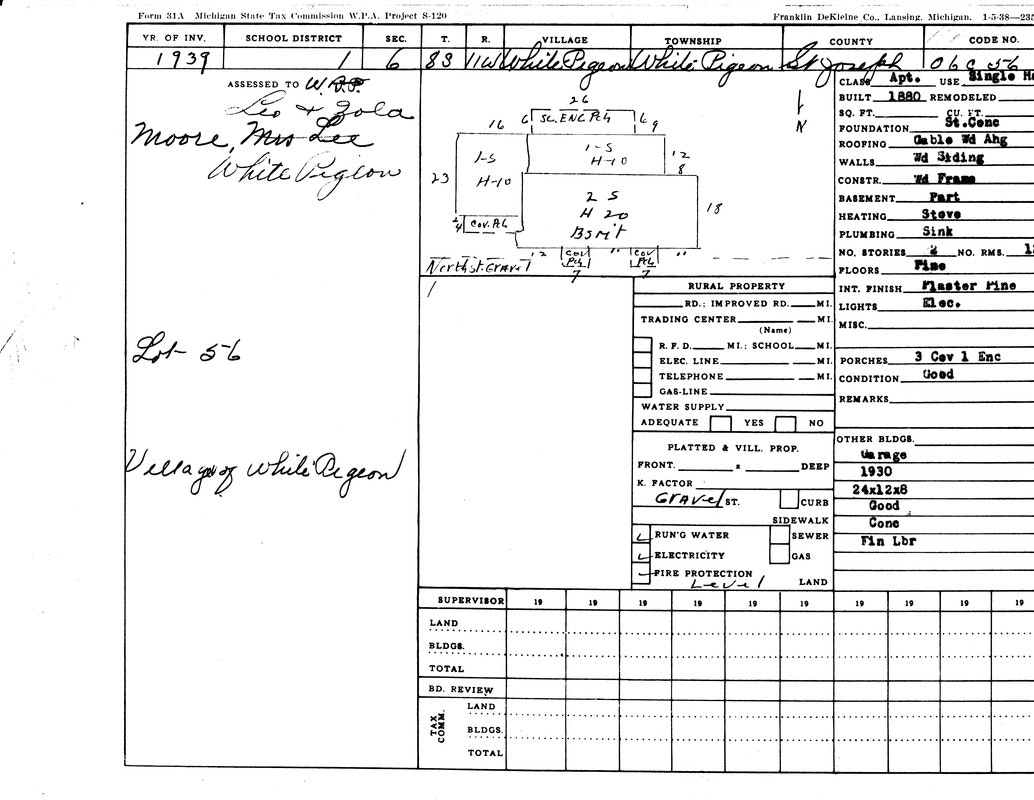 A 1939 Michigan property tax record for White Pigeon with details like ownership, building materials, and utilities.