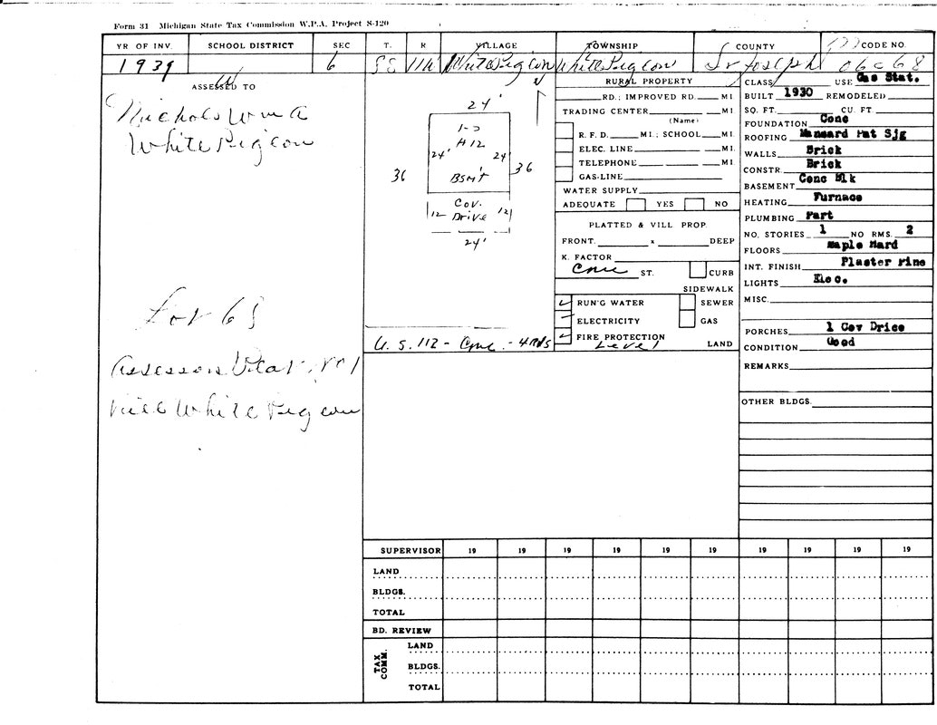 A 1937 Michigan property tax card for Michael Usina in White Pigeon, detailing a brick house with 6 rooms and a car garage.