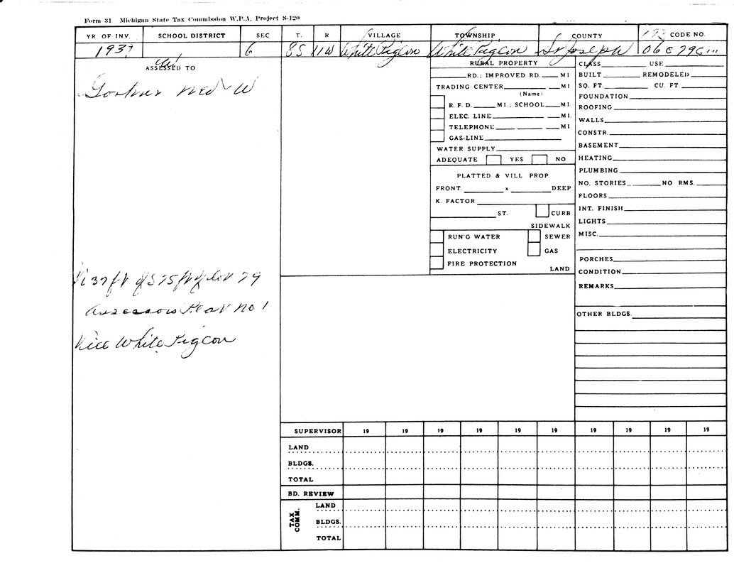 A 1937 Michigan State Tax Commission form for rural property in St. Joseph County, White Pigeon Township, filled partially.