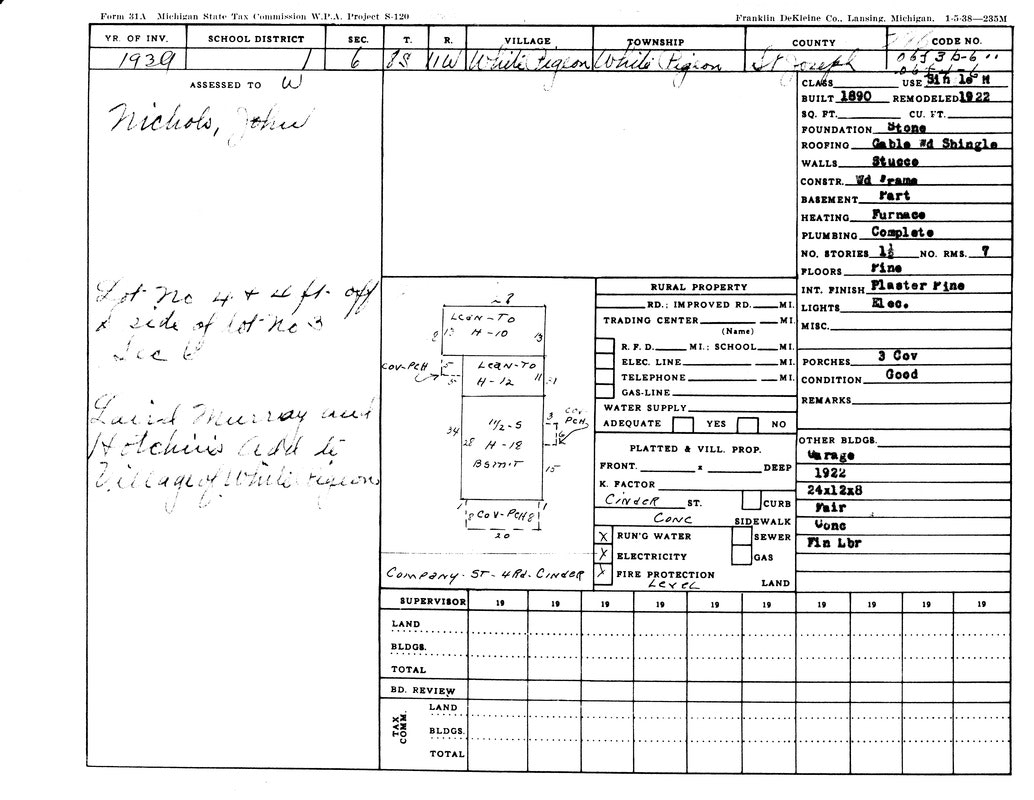 1939 property assessment form for John Nichols, detailing a stone building in St. Joseph County, Michigan, with various features.