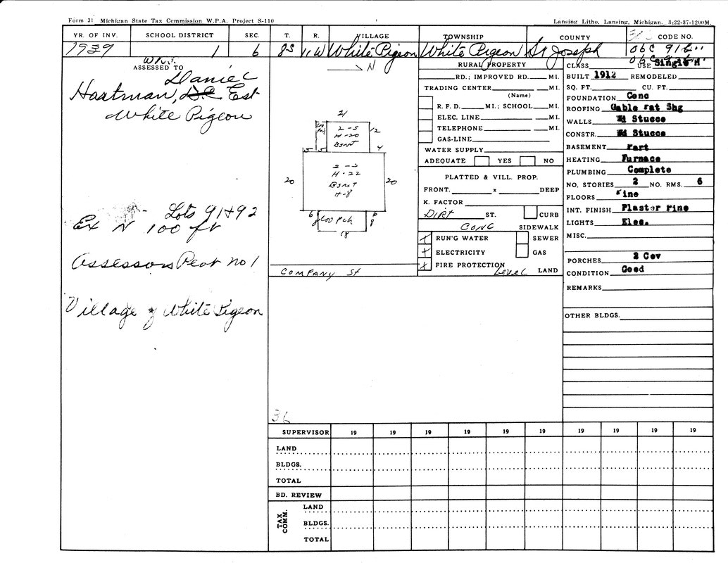 Michigan State Tax Commission form detailing property info, owner name "Daniel," location in White Pigeon Village, built 1912.