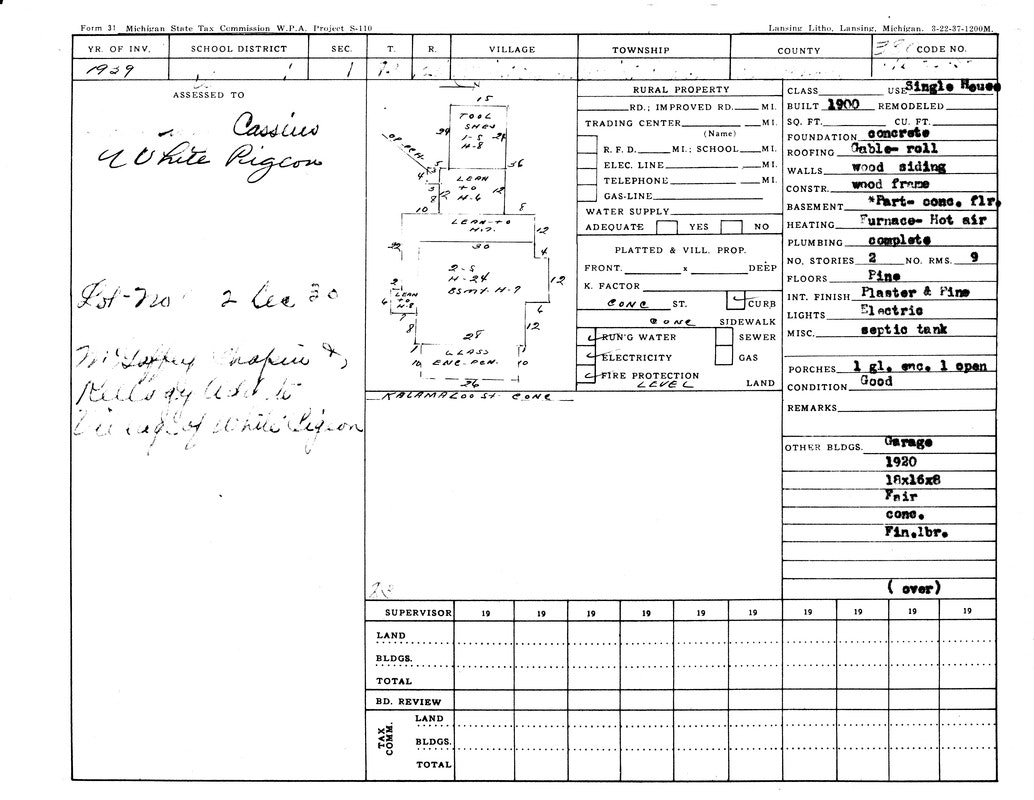 This image is a 1939 property tax form from Michigan, detailing a single house's specs, condition, and utilities.