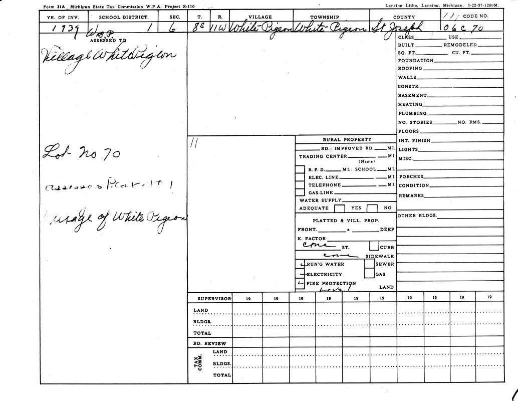 Form 31A from the Michigan State Tax Commission. Details for White Pigeon, St. Joseph. Lot No. 70, basic completion with no entries.