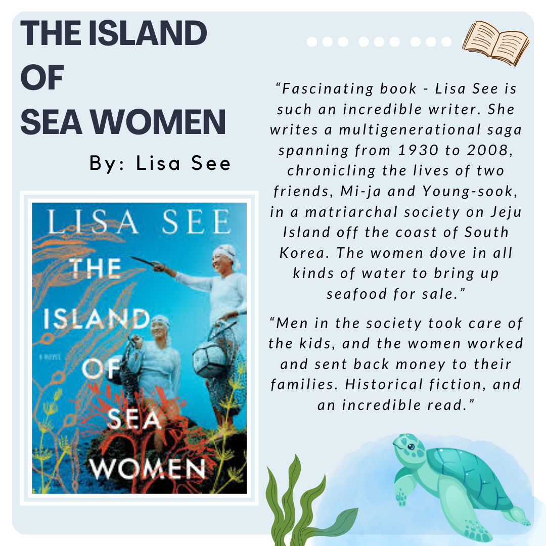 Cover of "The Island of Sea Women" by Lisa See with a brief synopsis and illustration of two women divers and a sea turtle.