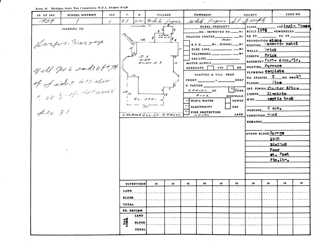 Property tax form from 1939 for Garver-Harvey, detailing a brick building in White Pigeon, St. Joseph County, Michigan.