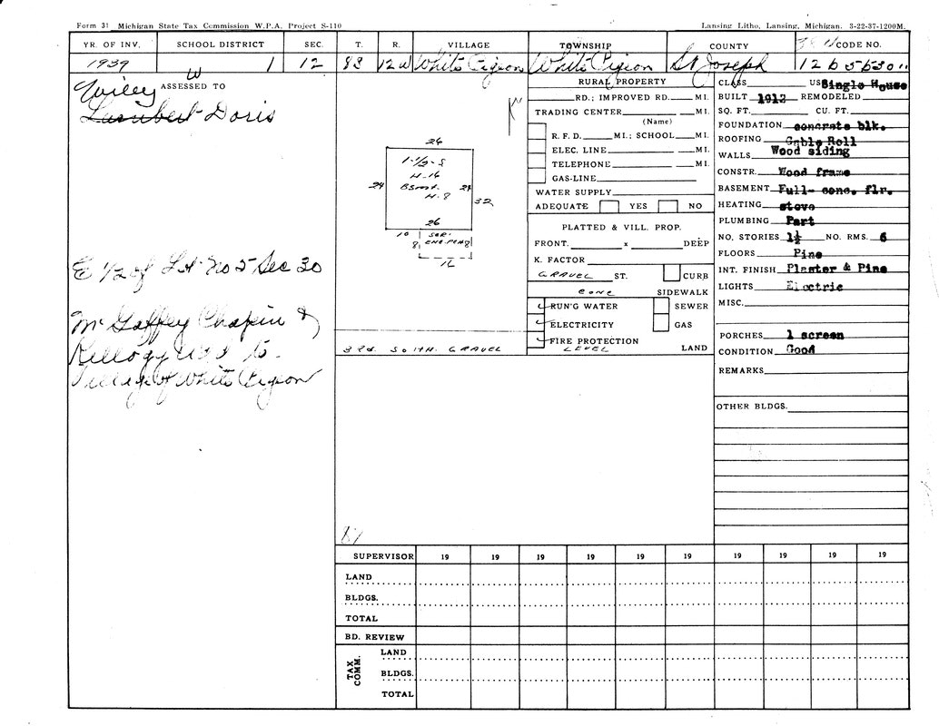 Handwritten Michigan property tax form with details about location, owner, and building features from 1939.