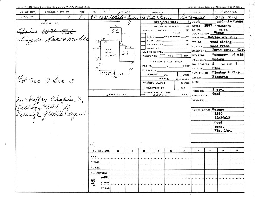 Property assessment form for a house in White Pigeon, Michigan, detailing construction, utilities, and condition.