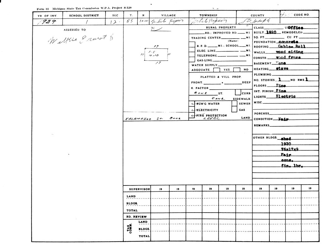 A 1939 Michigan property tax assessment form for an office, noting construction details and utilities.