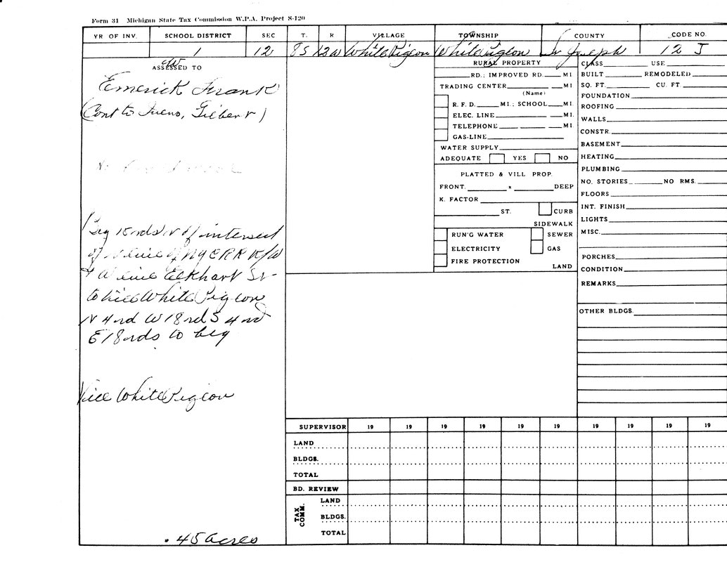 A Michigan tax form for a property in St. Joseph, indicating land details and a note about livestock (white big cow).