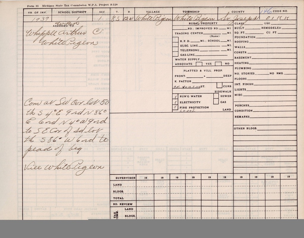 A 1939 Michigan tax form for Arthur Whipple of White Pigeon, with property details and utilities.