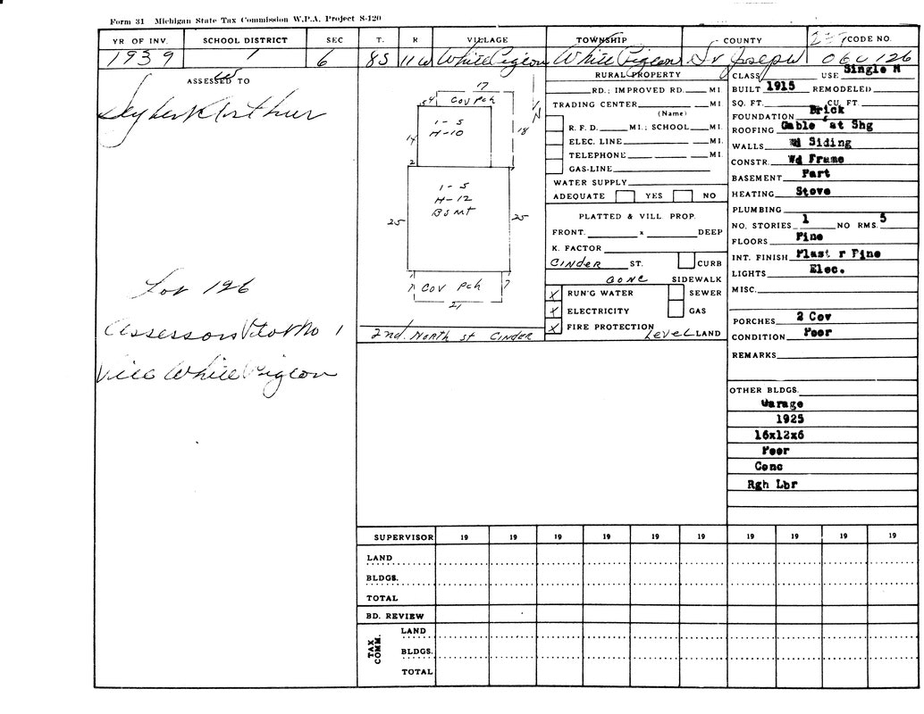 A 1939 Michigan property tax form detailing a building, including dimensions, utilities, and condition.