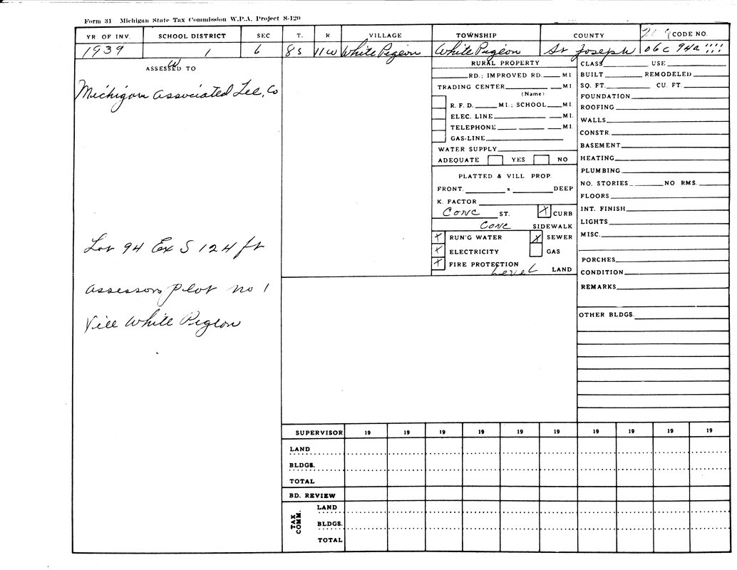 A 1939 Michigan State Tax Commission form for a property in White Pigeon, assessed to Michigan Associated Ice Co.