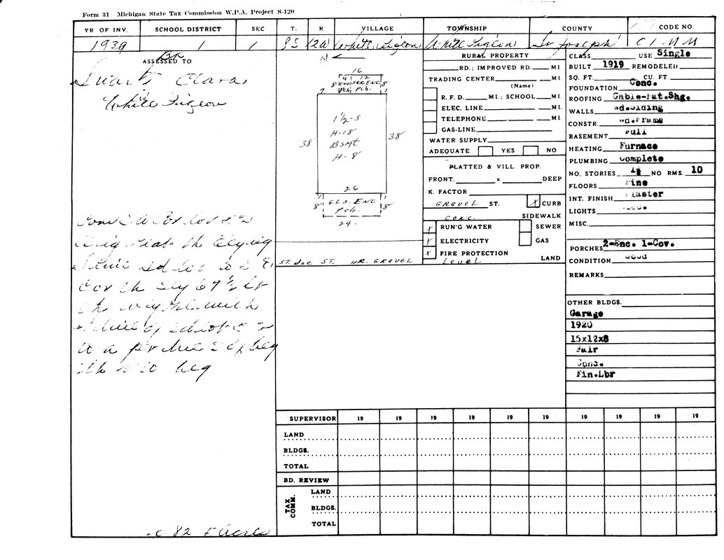 Property tax assessment form from 1939 for White Pigeon, MI, detailing land, structures, and utilities.