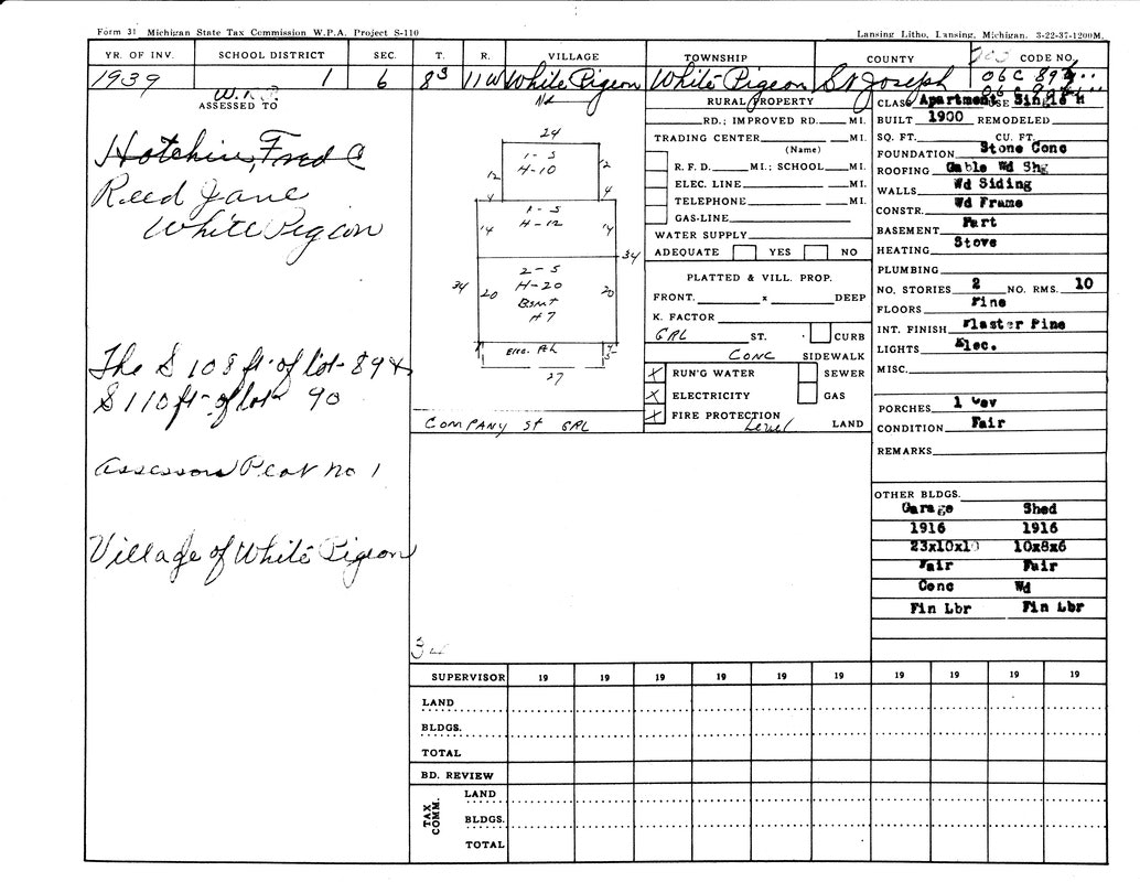 1939 tax document for White Pigeon, MI. Lists property details, owner, building info, and utility descriptions.