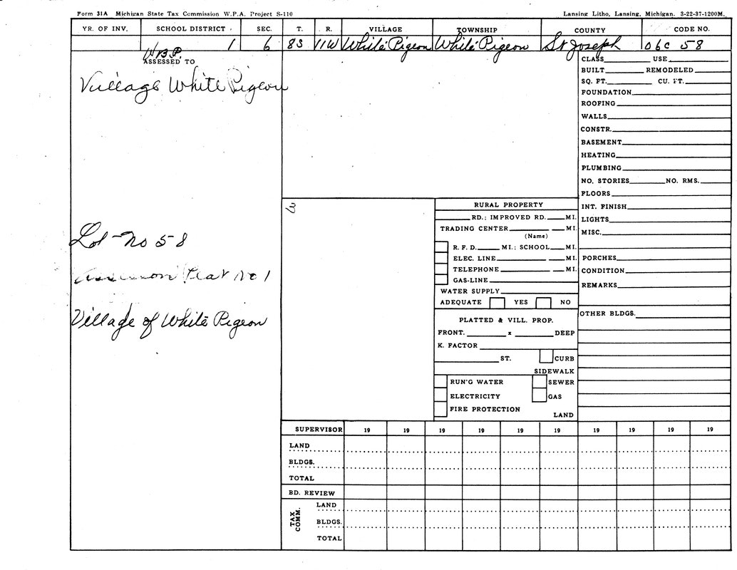 It's a Michigan State Tax Commission form from 1938 for a property in the Village of White Pigeon, Orginal plat No 1.