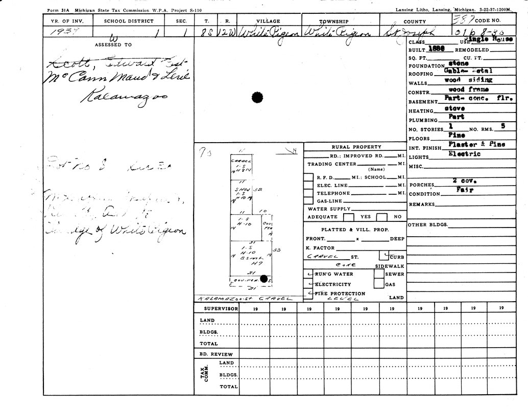 It's a 1937 Michigan State Tax Commission property record form with details about a house and its features.