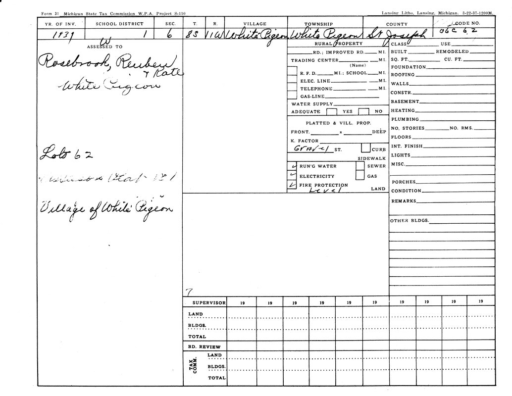 A 1937 Michigan property tax form for White Pigeon, St. Joseph County, assessed to Reuben Rosebrook, noting utilities and property details.