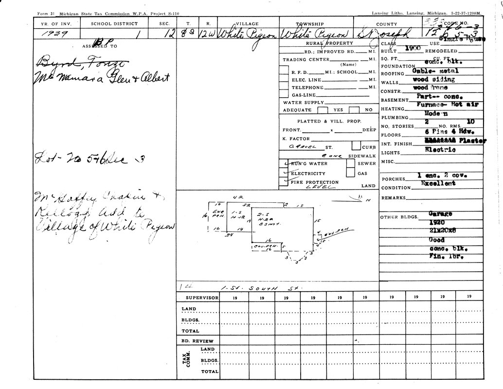 Property tax form from 1939, White Pigeon, Michigan. Details on owners, property specs, and structure info. Includes a building sketch.