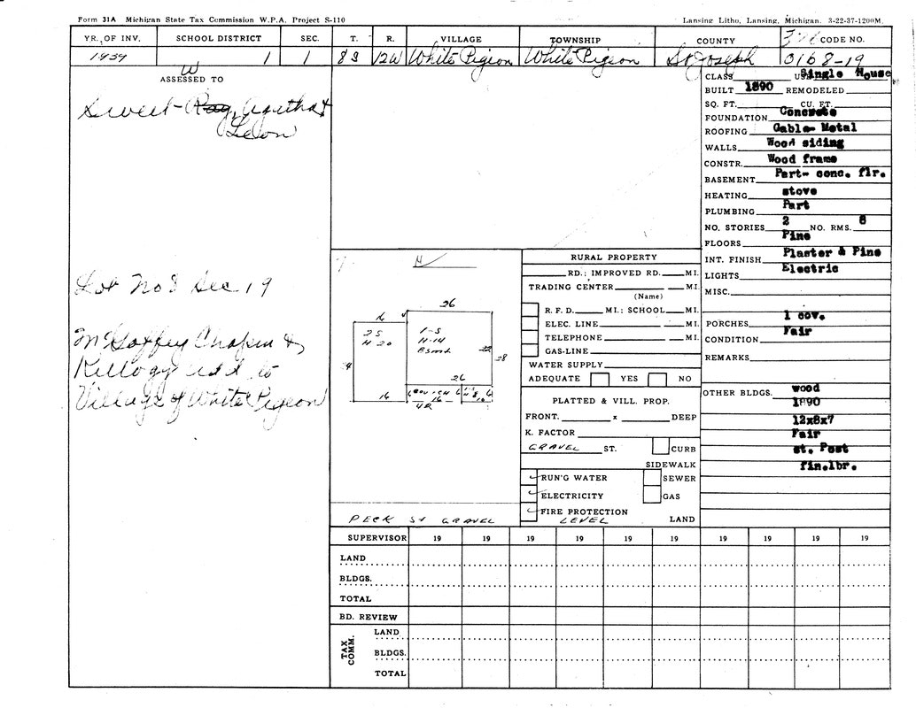 A detailed property tax form from Michigan, 1937, showing property info, dimensions, materials, and utilities for a house in White Pigeon.
