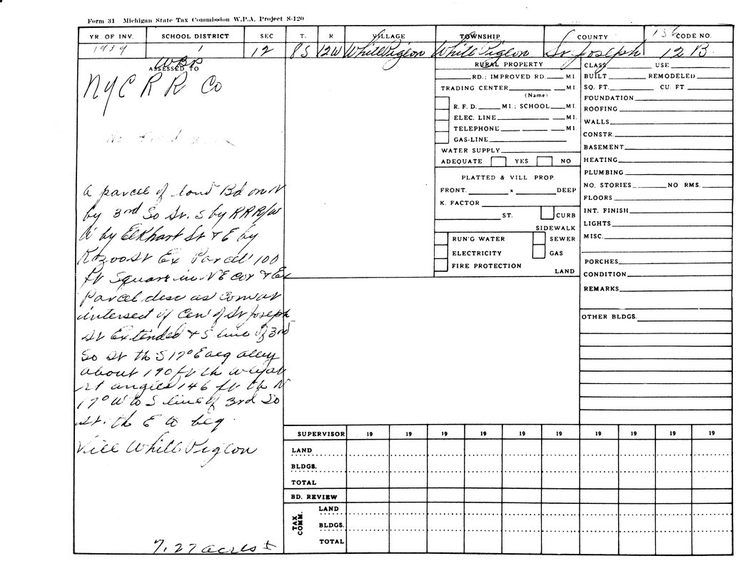It's a 1949 Michigan State Tax Commission form detailing land assessment for NYCRR Co in White Pigeon Township, St. Joseph County.
