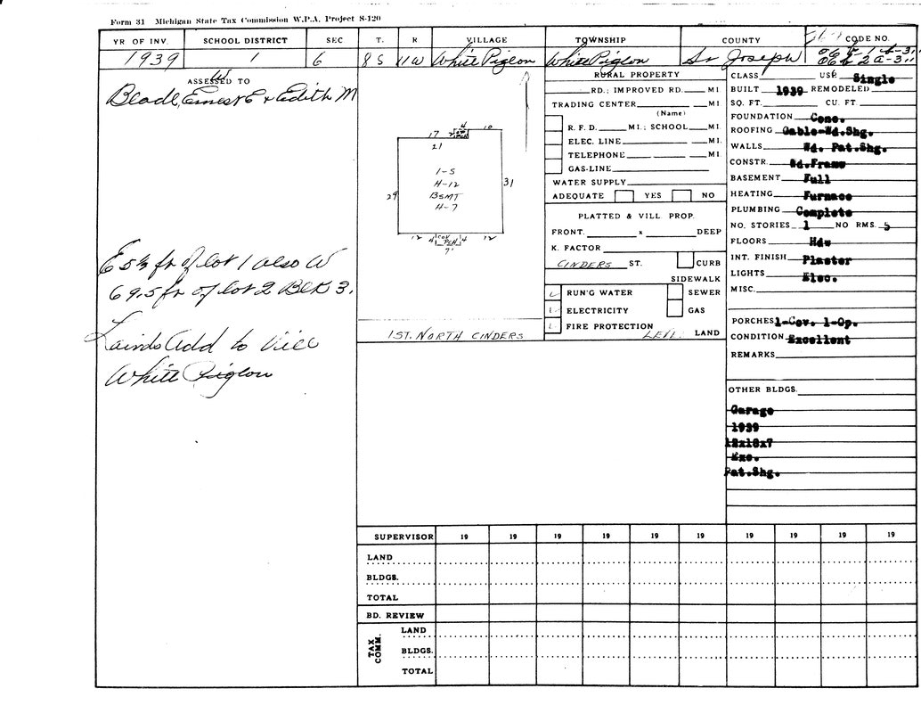 A 1939 Michigan property tax form with handwritten notes and details on property location, structure, and utilities.
