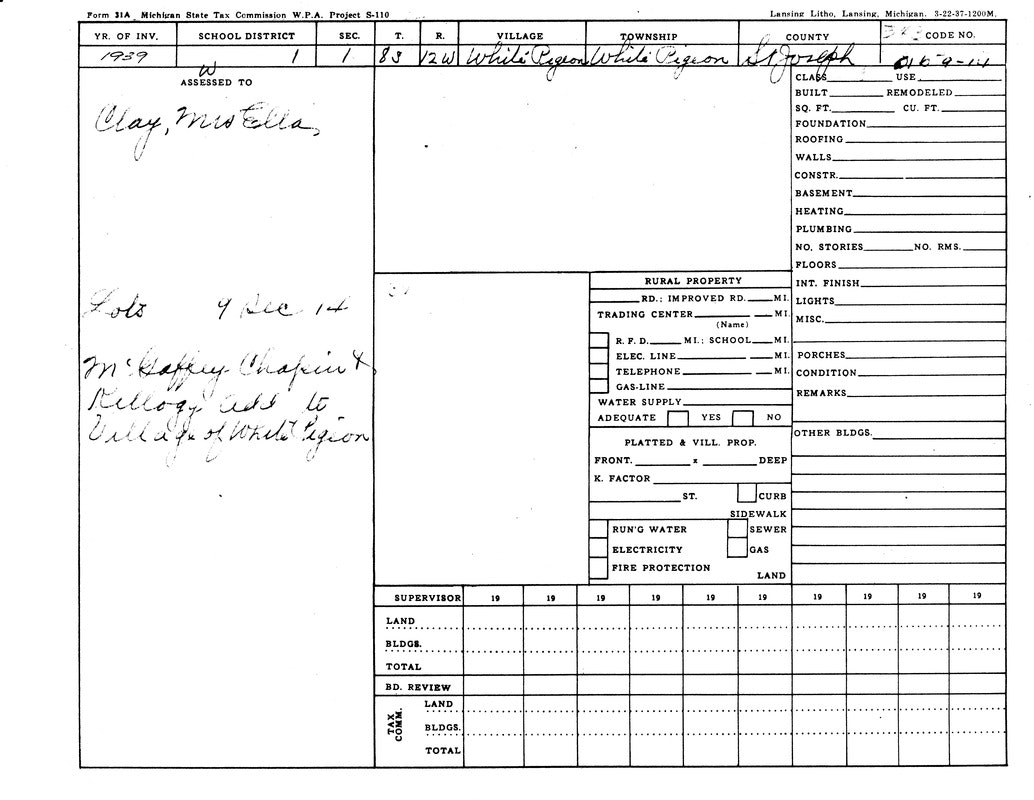 A 1939 property tax form from Michigan, assessed to "Clay, Miss Ella," with details partially filled out for St. Joseph County.