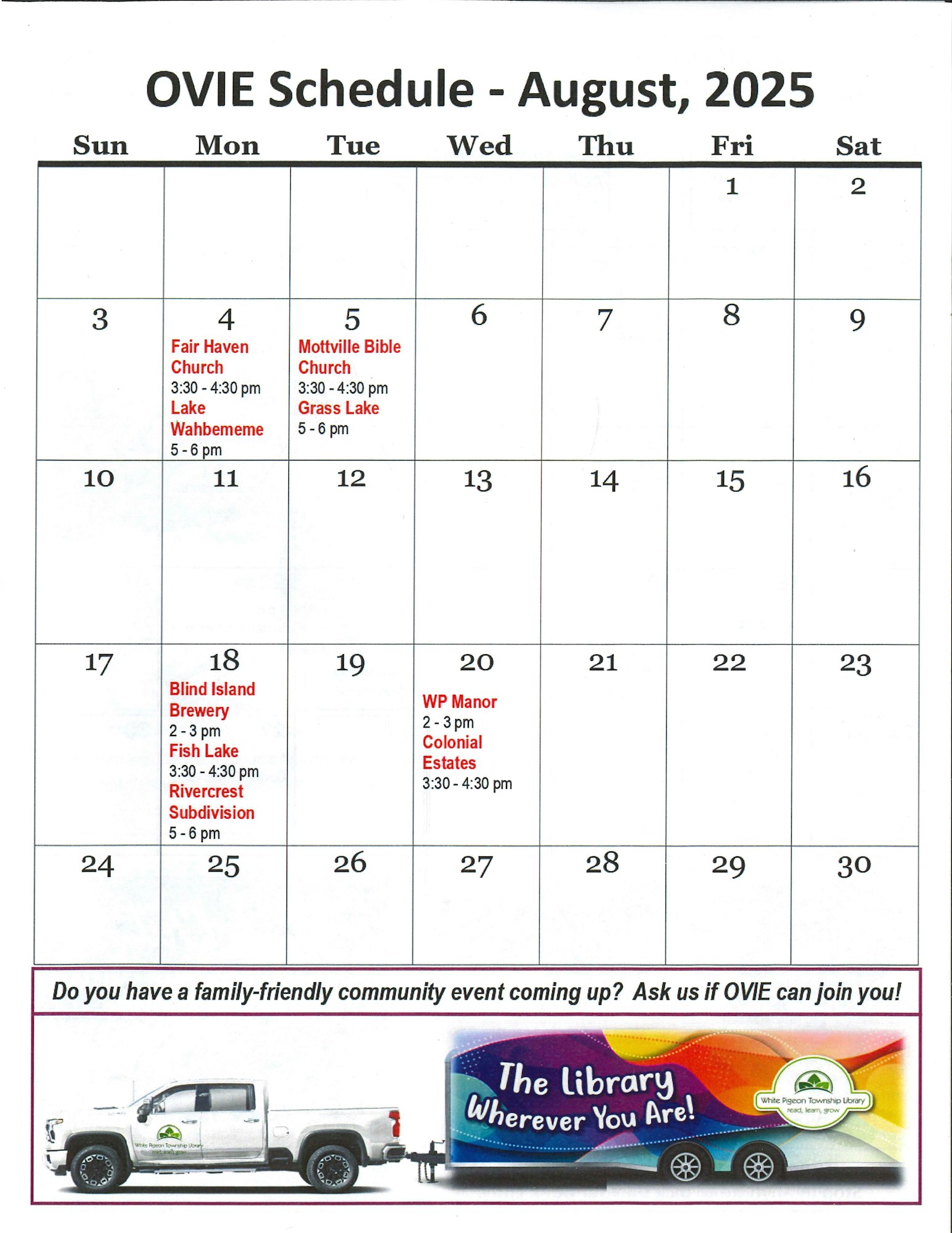 OVIE Schedule for August 2025 with community events listed on Aug 3, 4, 5, 18, 20, and 25. "The library wherever you are!"