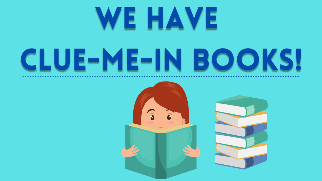 Illustration of a child reading a book with "We Have Clue-Me-In Books!" text and a stack of books on the side.