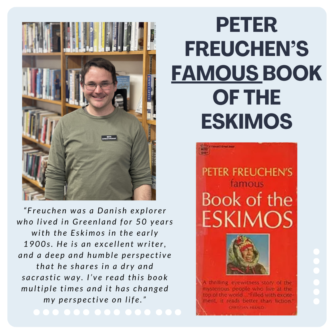 Man beside bookshelves, recommending "Peter Freuchen's Famous Book of the Eskimos" for its insightful perspective on life.