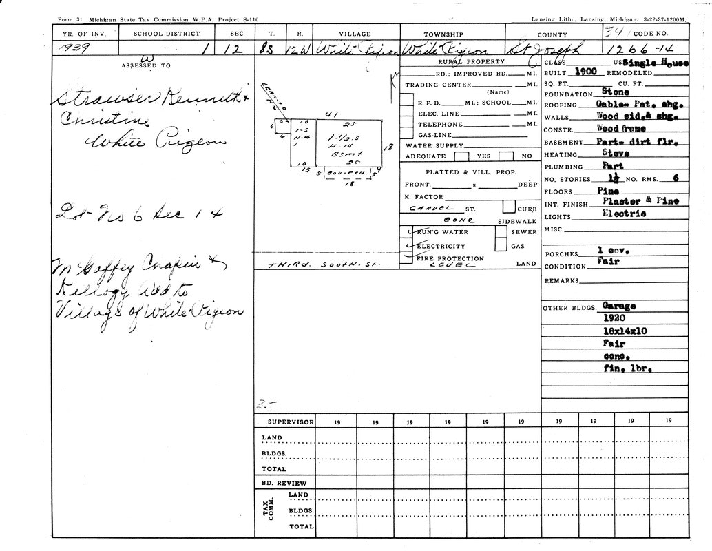 A 1939 Michigan property assessment form for Kenneth and Christine Strawser in White Pigeon, featuring property details and conditions.