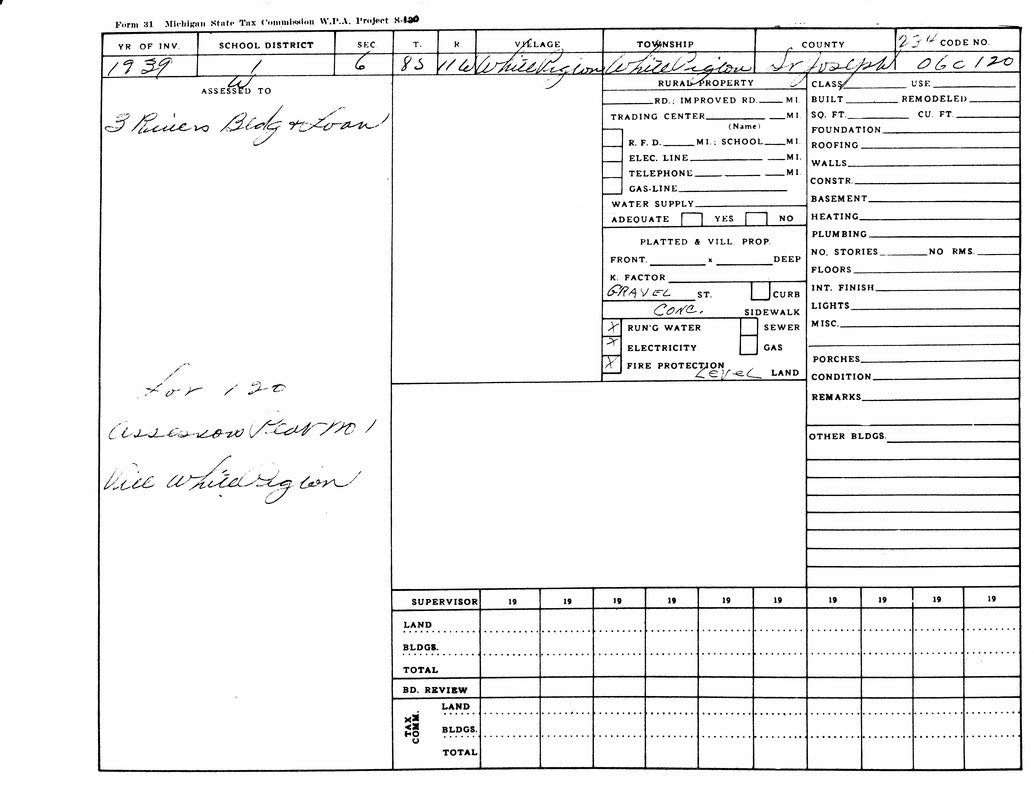 A 1939 Michigan State Tax Commission form with details on a rural property assigned to 3 Rivers Body & Loan.
