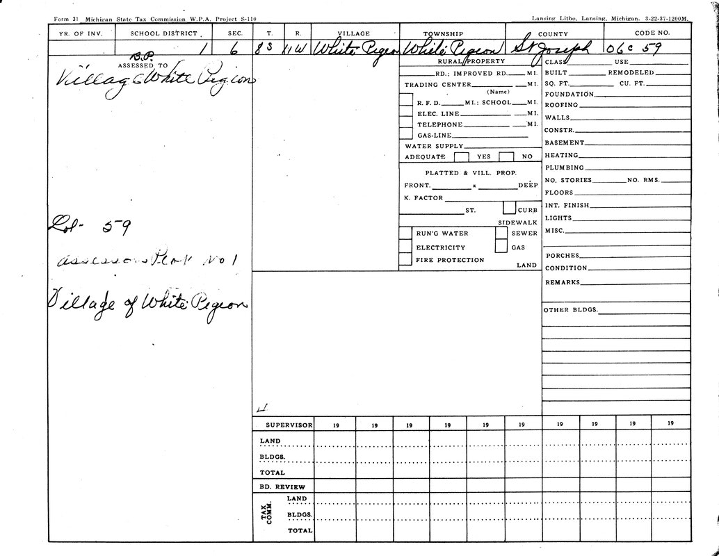 A tax assessment form for the Village of White Pigeon, Michigan, with sections for property details and assessments.