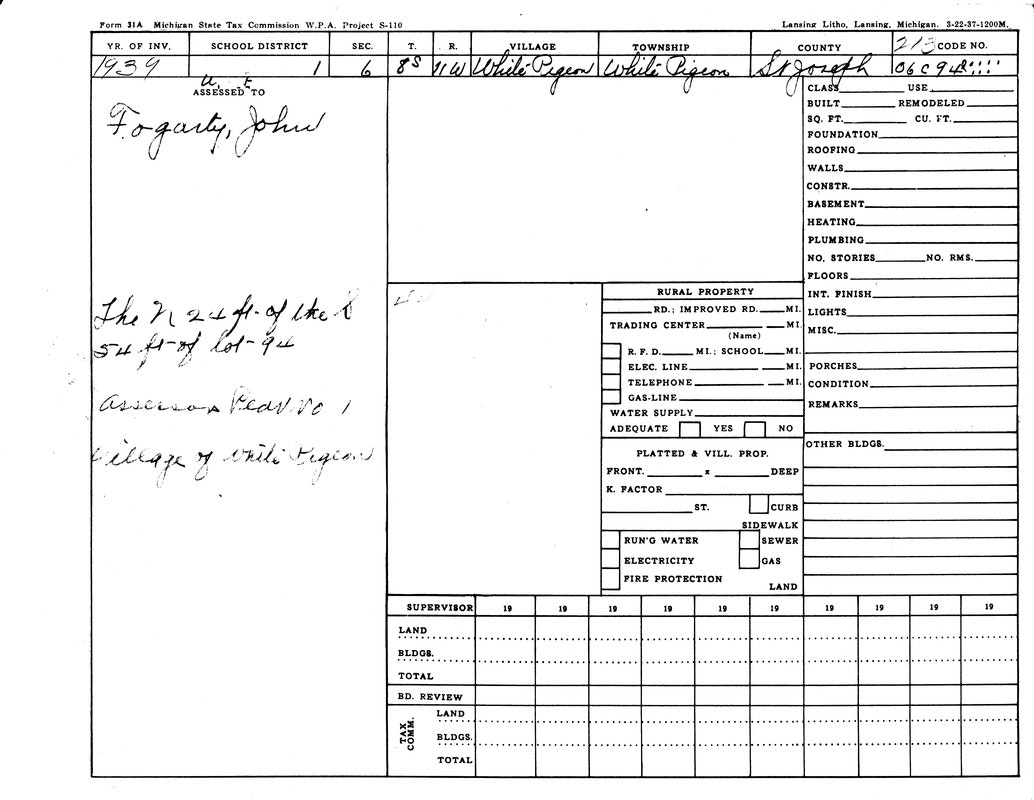 Real estate tax form for John Fogarty, 1939, White Pigeon, MI. Details property location, valuation, and assessment notes.