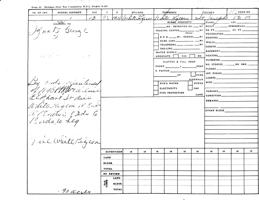 A Michigan State Tax Commission form listing property details and owner, Ignatz George, in White Pigeon Township, St. Joseph County.
