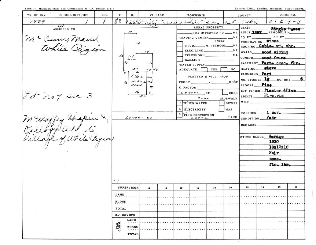 1939 Michigan State Tax form for a property in White Pigeon. Details: size, construction, condition, and other buildings.