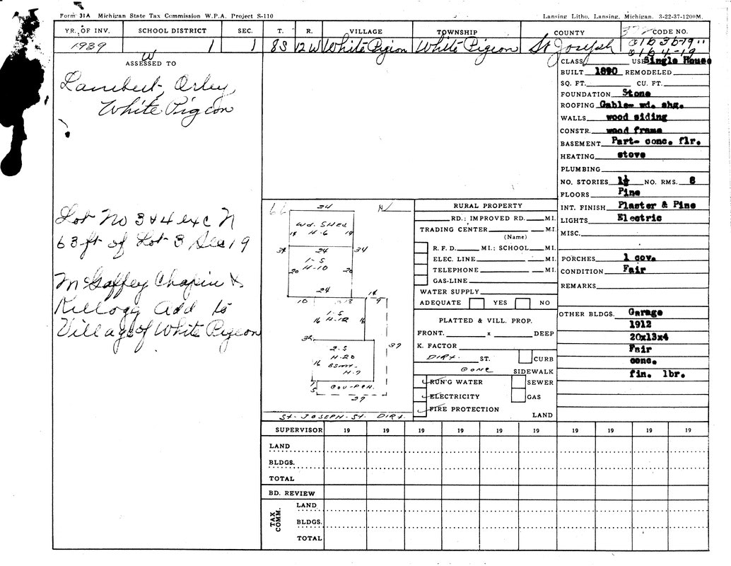 A property record for a residence in White Pigeon, Michigan, detailing features like size, construction, and ownership.