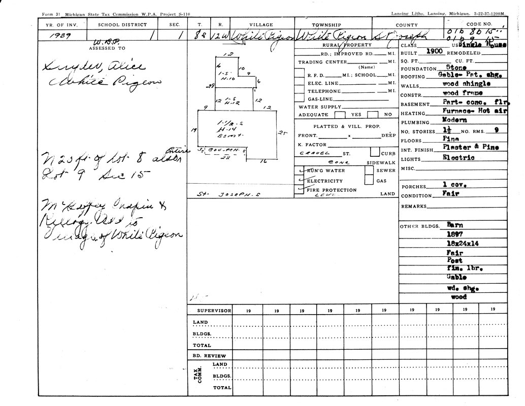Tax commission form detailing property info in White Pigeon, 1939: owner details, building specs, and other buildings like a barn.