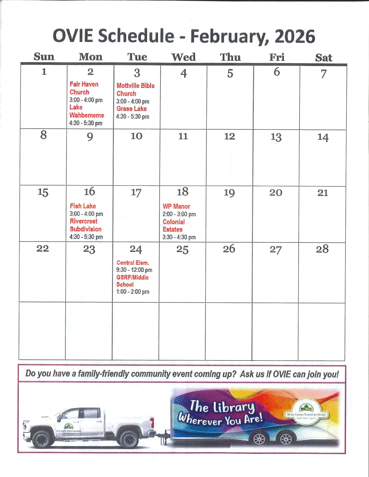 A calendar for February 2026 detailing the OVIE schedule with events and times at various locations.