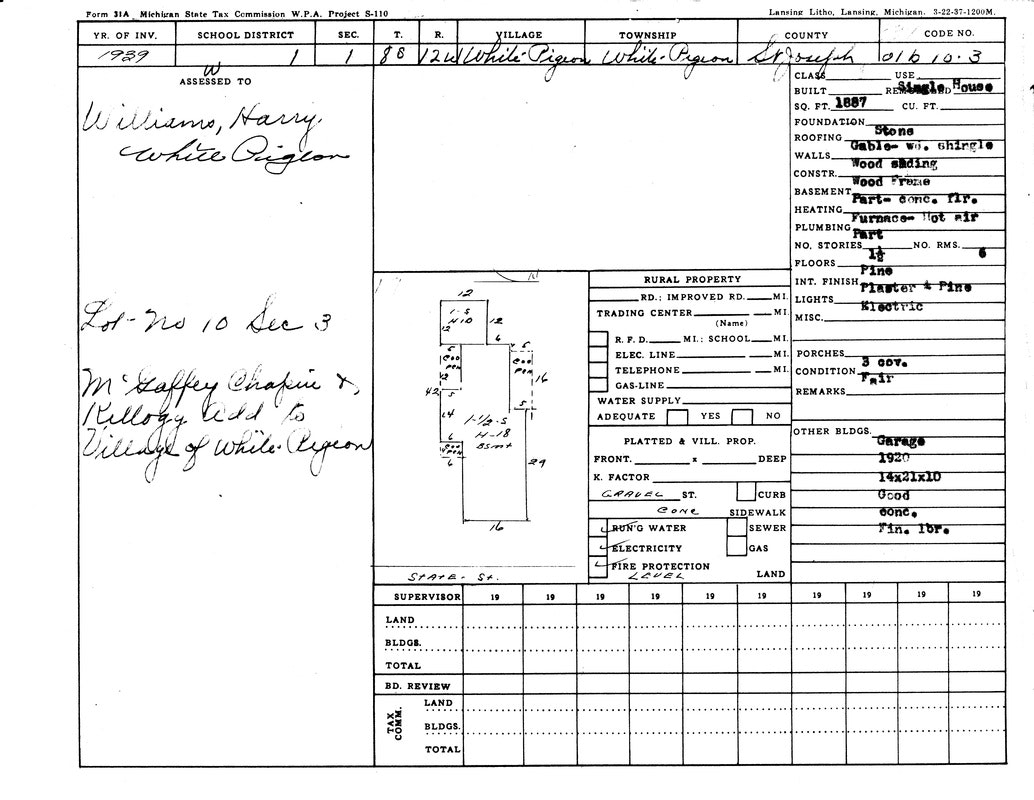 A 1929 Michigan tax form for property in White Pigeon, detailing ownership, structure, and utilities of a residence.